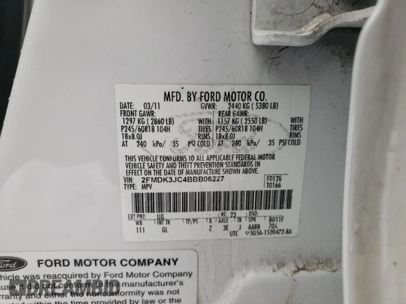 2011 Ford Edge SEL with VIN 2FMDK3JC4BBB06227, listed as a Copart auction lot 37962614 with 128,574 mi miles and Salvage Title. Bid and sale history available at carsss.com. Image 15.