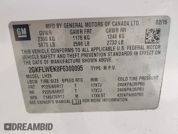 2015 GMC Terrain SLE with VIN 2GKFLWEK8F6300095, listed as a IAAI auction lot 42246530 with 150,879 mi miles and . Bid and sale history available at DreamBid. Image 9.