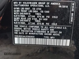 2018 Volkswagen Atlas SE z VIN 1V2LR2CA4JC582833, wystawiony jako IAAI lot #41452891 z przebiegiem 122 396 mil mil oraz . Historia ofert i sprzedaży dostępna na DreamBid. Obrazek 9.