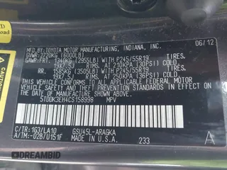 2012 Toyota Highlander Limited with VIN 5TDDK3EH4CS158998, listed as a IAAI auction lot 41891409 with 57,670 mi miles. Bid and sale history available at carsss.com. Image 9.