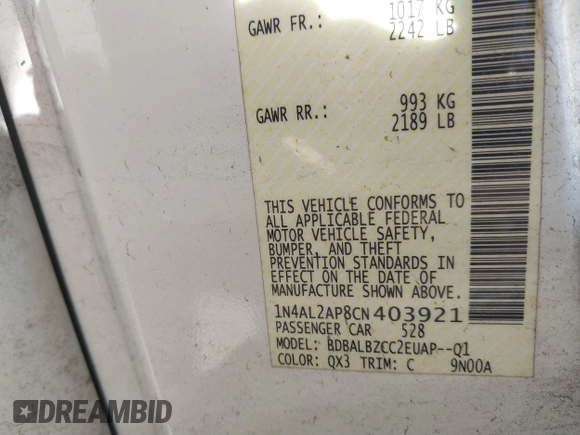 2012 Nissan Altima 2.5 S with VIN 1N4AL2AP8CN403921, listed as a IAAI auction lot 41894964 with 95,776 mi miles. Bid and sale history available at carsss.com. Image 9.