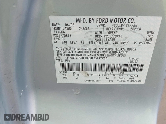 2008 Ford Escape Hybrid с VIN 1FMCU59HX8KE47325, выставлен на аукционе IAAI как лот 42520000 с пробегом 171 528 миль миль и . История ставок и продаж доступна на DreamBid. Изображение 9.