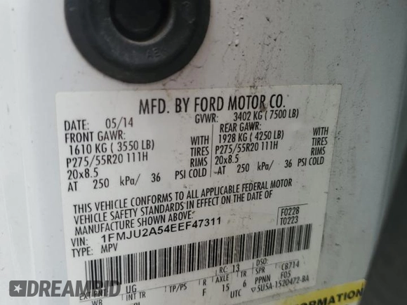 2014 Ford Expedition Limited с VIN 1FMJU2A54EEF47311, выставлен на аукционе Copart как лот 58971515 с пробегом 304 882 миль миль и Чистый • Clean title. История ставок и продаж доступна на DreamBid. Изображение 14.