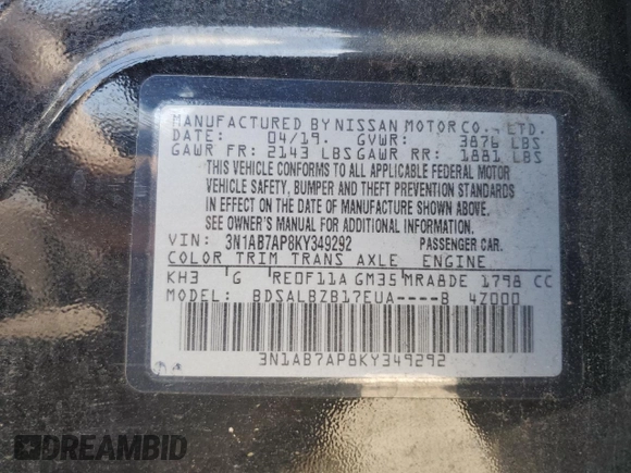 2019 Nissan Sentra SV with VIN 3N1AB7AP8KY349292, listed as a Copart auction lot 52185185 with 103,234 mi miles and Non Repairable. Bid and sale history available at DreamBid. Image 12.