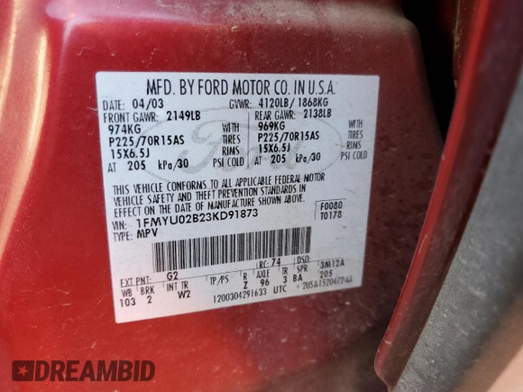 2003 Ford Escape XLS Value with VIN 1FMYU02B23KD91873, listed as a Copart auction lot 76744454 with Not Provided miles and Salvage Title. Bid and sale history available at carsss.com. Image 13.