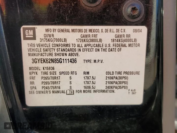 2005 Cadillac Escalade EXT z VIN 3GYEK62N85G111436, wystawiony jako Copart lot #87582245 z przebiegiem Nie podano mil oraz Szkoda całkowita • Salvage title. Historia ofert i sprzedaży dostępna na DreamBid. Obrazek 14.