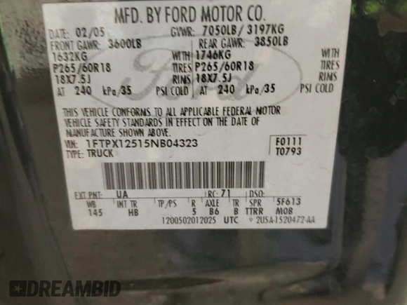 2005 Ford F-150 XLT with VIN 1FTPX12515NB04323, listed as a Copart auction lot 51379235 with 207,040 mi miles and Salvage Title. Bid and sale history available at carsss.com. Image 12.
