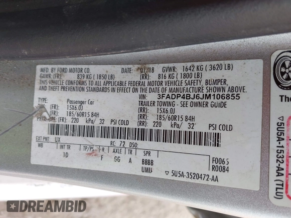 2018 Ford Fiesta SE z VIN 3FADP4BJ6JM106855, wystawiony jako IAAI lot #42491262 z przebiegiem 166 397 mil mil oraz . Historia ofert i sprzedaży dostępna na DreamBid. Obrazek 9.