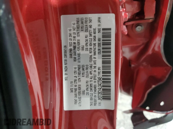 2020 Mazda CX-9 Touring with VIN JM3TCBCY4L0407946, listed as a Copart auction lot 59199245 with Not provided miles and Non repairable. Bid and sale history available at DreamBid. Image 14.