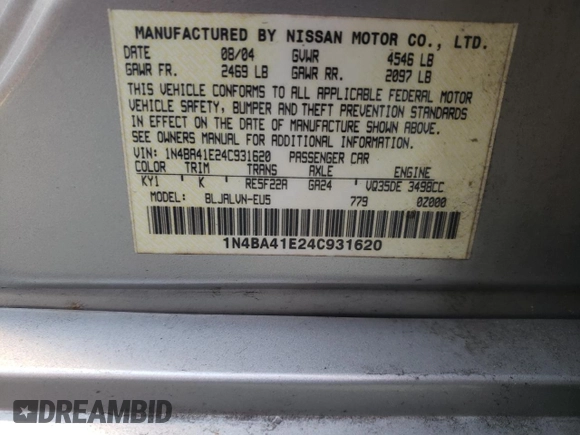 2004 Nissan Maxima SE with VIN 1N4BA41E24C931620, listed as a Copart auction lot 76916754 with 190,170 mi miles and Salvage Title. Bid and sale history available at carsss.com. Image 12.