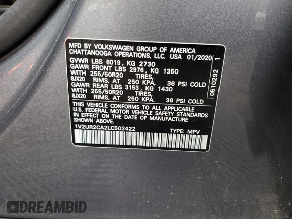 2020 Volkswagen Atlas SE with VIN 1V2UR2CA2LC502422, listed as a Copart auction lot 84052564 with 52,750 mi miles and Salvage title. Bid and sale history available at DreamBid. Image 13.