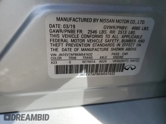 2019 Infiniti Q50 3.0t Signature Edition with VIN JN1EV7AP8KM541632, listed as a Copart auction lot 84759594 with 46,303 mi miles and Salvage Title. Bid and sale history available at carsss.com. Image 14.