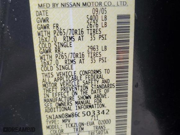 2006 Nissan Xterra X with VIN 5N1AN08W86C503342, listed as a Copart auction lot 84326794 with 192,901 mi miles and Salvage Title. Bid and sale history available at carsss.com. Image 13.