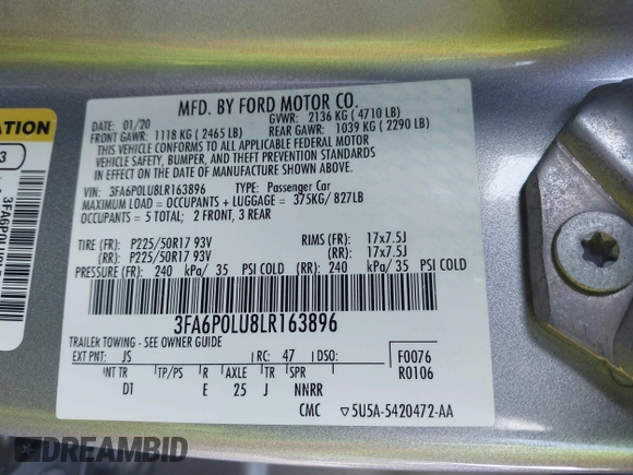 2020 Ford Fusion SE z VIN 3FA6P0LU8LR163896, wystawiony jako IAAI lot #41994803 z przebiegiem 89 892 mil mil oraz . Historia ofert i sprzedaży dostępna na DreamBid. Obrazek 9.