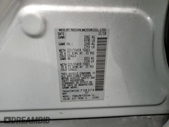 2019 Nissan Rogue SL with VIN 5N1AT2MT2KC738374, listed as a Copart auction lot 47936335 with 135,603 mi miles and Salvage Title. Bid and sale history available at DreamBid. Image 15.