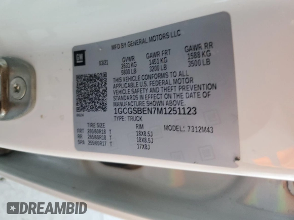 2021 Chevrolet Colorado 2WD Work Truck with VIN 1GCGSBEN7M1251123, listed as a Copart auction lot 45658325 with 116,430 mi miles and Salvage title. Bid and sale history available at DreamBid. Image 12.