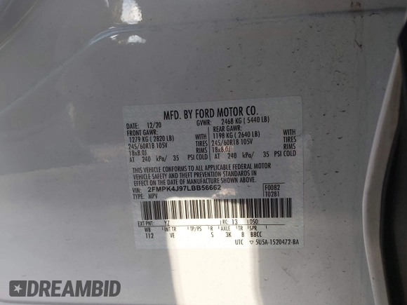 2020 Ford Edge SEL with VIN 2FMPK4J97LBB56662, listed as a IAAI auction lot 41166957 with 88,484 mi miles. Bid and sale history available at carsss.com. Image 9.