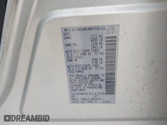 2014 Nissan Pathfinder Platinum Hybrid with VIN 5N1CR2MN2EC651300, listed as a IAAI auction lot 42417443 with 144,710 mi miles and . Bid and sale history available at DreamBid. Image 9.