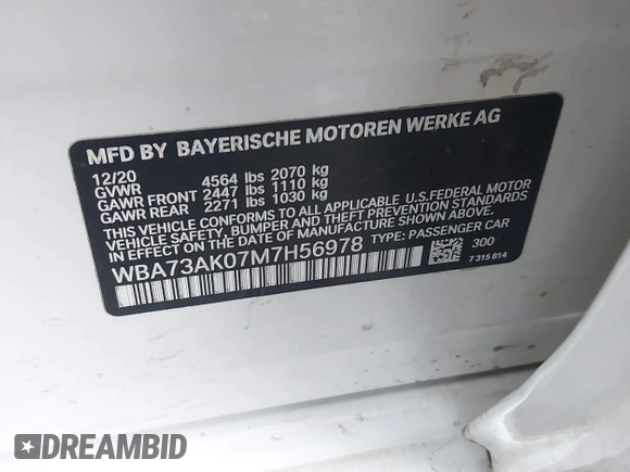 2021 BMW 2 Series 228i xDrive with VIN WBA73AK07M7H56978, listed as a IAAI auction lot 41215710 with 77,965 mi miles and . Bid and sale history available at DreamBid. Image 8.
