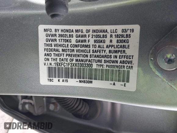 2019 Honda Civic Sedan EX with VIN 19XFC1F3XKE003300, listed as a IAAI auction lot 41889174 with 38,965 mi miles. Bid and sale history available at carsss.com. Image 9.