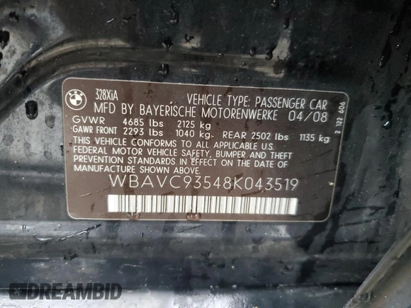 2008 BMW 3 Series 328xi z VIN WBAVC93548K043519, wystawiony jako Copart lot #47001755 z przebiegiem 81 185 mil mil oraz Czysty tytuł • Clean title. Historia ofert i sprzedaży dostępna na DreamBid. Obrazek 12.