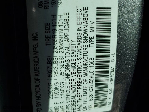 2019 Acura RDX w/Technology Pkg with VIN 5J8TC2H55KL011658, listed as a Copart auction lot 43474495 with 73,211 mi miles and Salvage Title. Bid and sale history available at carsss.com. Image 13.