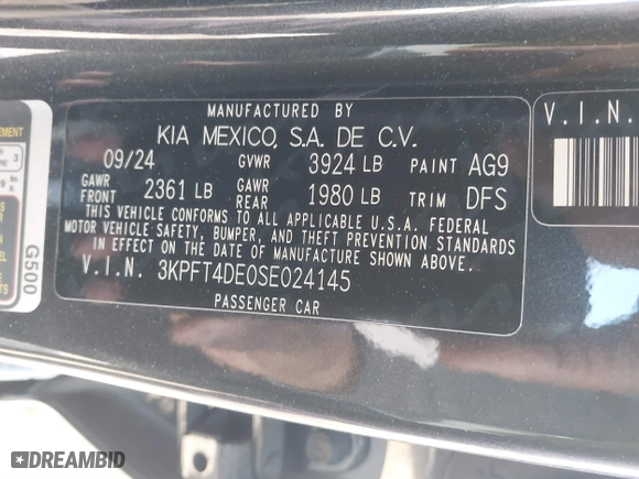 2025 Kia K4 LXS with VIN 3KPFT4DE0SE024145, listed as a IAAI auction lot 41863411 with 832 mi miles. Bid and sale history available at carsss.com. Image 9.