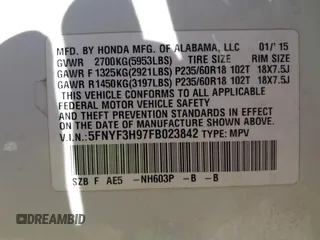 2015 Honda Pilot Touring with VIN 5FNYF3H97FB023842, listed as a IAAI auction lot 41673881 with 106,110 mi miles. Bid and sale history available at carsss.com. Image 9.