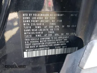 2012 Volkswagen Tiguan S with VIN WVGBV7AX4CW607546, listed as a IAAI auction lot 41295646 with 115,670 mi miles and . Bid and sale history available at DreamBid. Image 9.