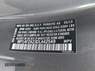 2013 Porsche Cayenne Diesel with VIN WP1AF2A23DLA42549, listed as a IAAI auction lot 42718047 with 99,904 mi miles and . Bid and sale history available at DreamBid. Image 9.