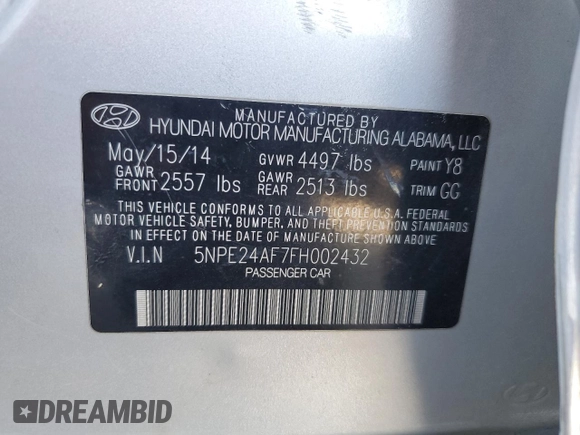 2015 Hyundai Sonata SE z VIN 5NPE24AF7FH002432, wystawiony jako Copart lot #59182285 z przebiegiem 193 754 mil mil oraz Szkoda całkowita • Salvage title. Historia ofert i sprzedaży dostępna na DreamBid. Obrazek 12.