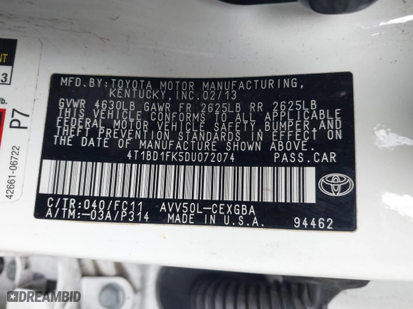 2013 Toyota Camry Hybrid LE with VIN 4T1BD1FK5DU072074, listed as a IAAI auction lot 41625291 with 1 mi miles. Bid and sale history available at carsss.com. Image 9.