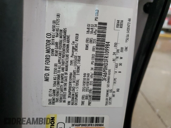 2015 Ford Fusion SE z VIN 3FA6P0HD3FR109984, wystawiony jako Copart lot #59847705 z przebiegiem 152 480 mil mil oraz Szkoda całkowita • Salvage title. Historia ofert i sprzedaży dostępna na DreamBid. Obrazek 12.