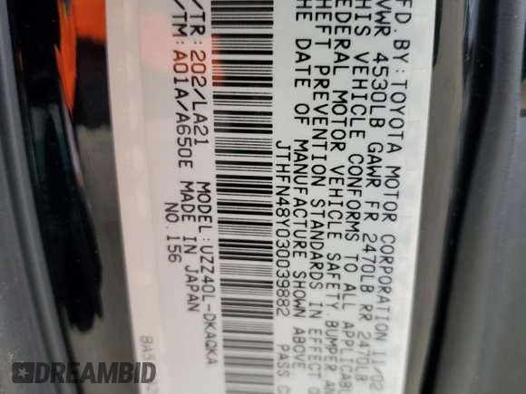 2003 Lexus SC 430 z VIN JTHFN48Y030039882, wystawiony jako Copart lot #50581485 z przebiegiem 43 439 mil mil oraz Szkoda całkowita • Salvage title. Historia ofert i sprzedaży dostępna na DreamBid. Obrazek 13.