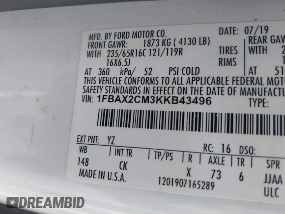 2019 Ford Transit Passenger XL with VIN 1FBAX2CM3KKB43496, listed as a IAAI auction lot 42050162 with 98,459 mi miles and . Bid and sale history available at DreamBid. Image 9.