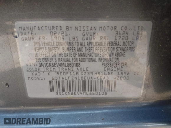 2021 Nissan Versa SV with VIN 3N1CN8EV4ML860108, listed as a IAAI auction lot 42442360 with 60,857 mi miles and . Bid and sale history available at DreamBid. Image 9.