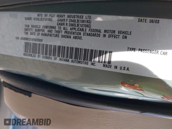 2004 Subaru Legacy Outback 35th Anniversary with VIN 4S3BH815147602509, listed as a IAAI auction lot 41881233 with 286,154 mi miles and . Bid and sale history available at DreamBid. Image 9.