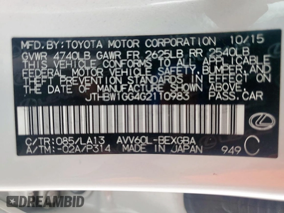 2016 Lexus ES 300h with VIN JTHBW1GG4G2110983, listed as a Copart auction lot 57089895 with 85,840 mi miles and Salvage title. Bid and sale history available at DreamBid. Image 13.