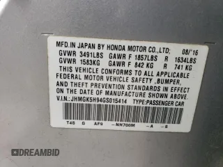 2016 Honda Fit EX-L with VIN JHMGK5H94GS015414, listed as a Copart auction lot 42038725 with 6,728 mi miles and Salvage title. Bid and sale history available at DreamBid. Image 16.