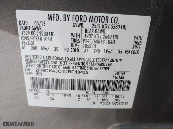 2013 Ford Edge SEL with VIN 2FMDK4JC4DBC10435, listed as a IAAI auction lot 41279743 with 163,387 mi miles. Bid and sale history available at carsss.com. Image 9.