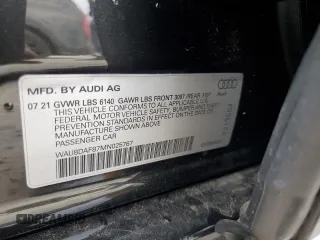 2021 Audi A8 with VIN WAU8DAF87MN025767, listed as a Copart auction lot 39482913 with 0 mi miles. Bid and sale history available at carsss.com. Image 14.