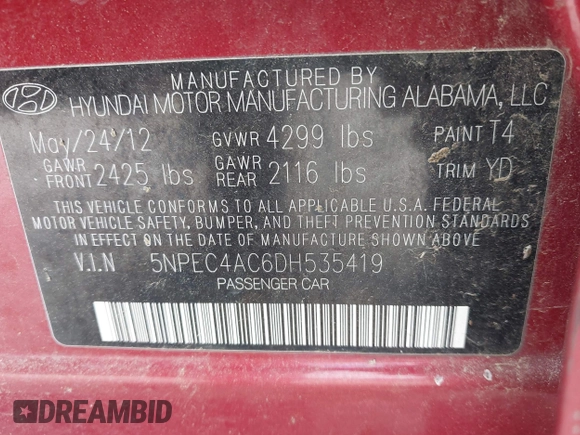 2013 Hyundai Sonata Limited with VIN 5NPEC4AC6DH535419, listed as a IAAI auction lot 42019875 with 197,344 mi miles and . Bid and sale history available at DreamBid. Image 9.