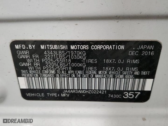 2017 Mitsubishi Outlander Sport SE 2.4 with VIN JA4AR3AW0HZ022421, listed as a Copart auction lot 87049074 with 71,481 mi miles and Salvage Title. Bid and sale history available at carsss.com. Image 16.