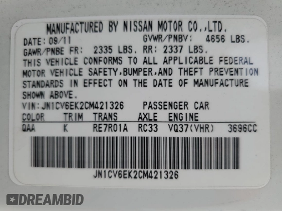 2012 Infiniti G37 Journey with VIN JN1CV6EK2CM421326, listed as a Copart auction lot 54708665 with 165,302 mi miles and Salvage Title. Bid and sale history available at carsss.com. Image 12.