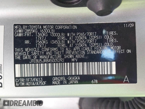 2010 Toyota 4Runner Trail with VIN JTEBU5JR8A5005292, listed as a IAAI auction lot 41804405 with 182,228 mi miles and . Bid and sale history available at DreamBid. Image 9.