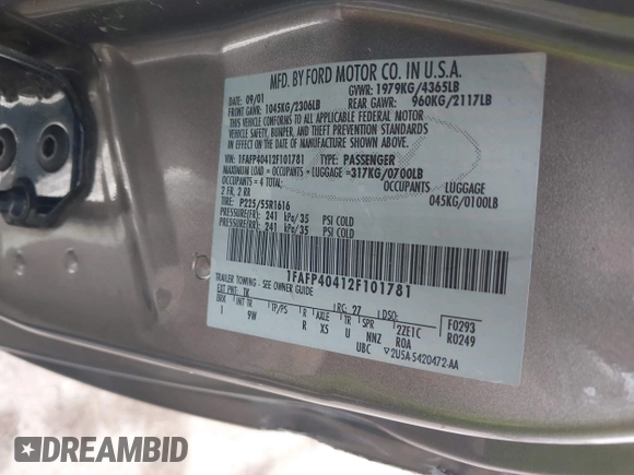 2002 Ford Mustang Standard with VIN 1FAFP40412F101781, listed as a IAAI auction lot 42108137 with 120,785 mi miles and . Bid and sale history available at DreamBid. Image 9.