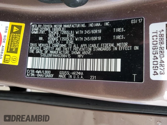 2017 Toyota Highlander XLE with VIN 5TDJZRFH4HS398415, listed as a Copart auction lot 59386805 with 105,463 mi miles and Salvage title. Bid and sale history available at DreamBid. Image 13.
