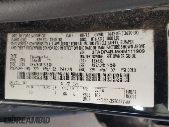 2016 Ford Fiesta SE with VIN 3FADP4BJ5GM111909, listed as a IAAI auction lot 42171416 with 187,031 mi miles and . Bid and sale history available at DreamBid. Image 9.