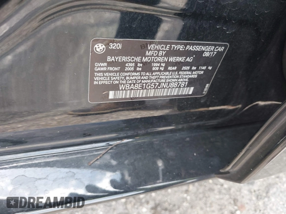 2018 BMW 3 Series 320i with VIN WBA8E1G57JNU88781, listed as a IAAI auction lot 42019246 with 56,820 mi miles. Bid and sale history available at carsss.com. Image 9.