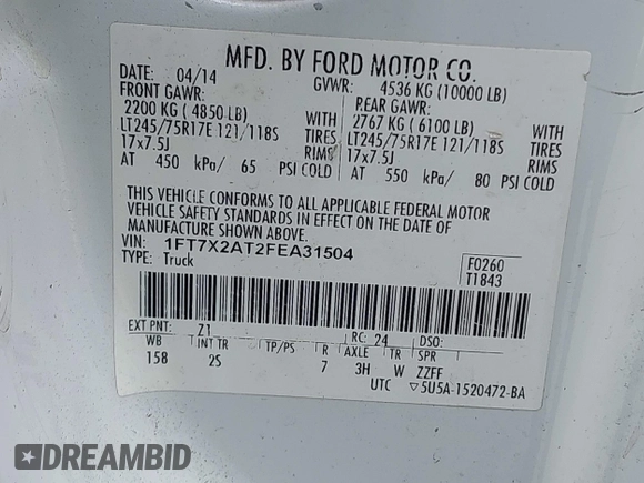 2015 Ford F-250 XLT с VIN 1FT7X2AT2FEA31504, выставлен на аукционе IAAI как лот 42402725 с пробегом 130 273 миль миль и . История ставок и продаж доступна на DreamBid. Изображение 9.